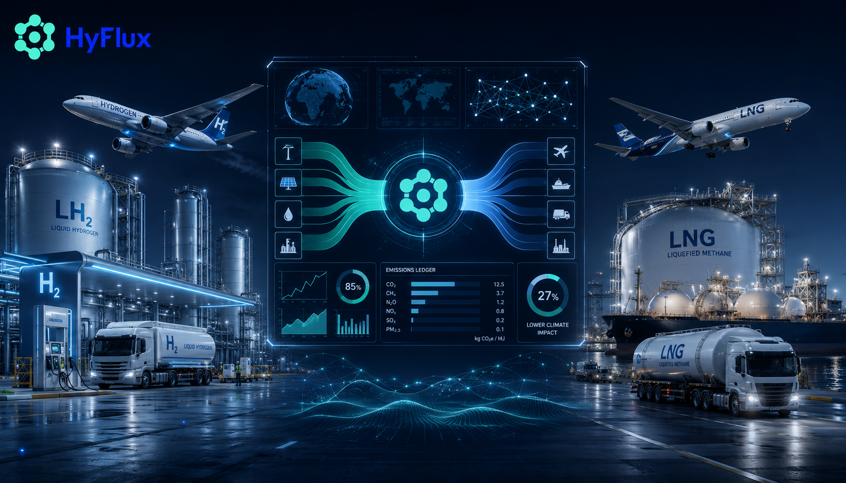 HyFlux platform overview: liquid hydrogen and LNG
  supply chains feeding aircraft, ships and trucks through the HyFlux emissions ledger